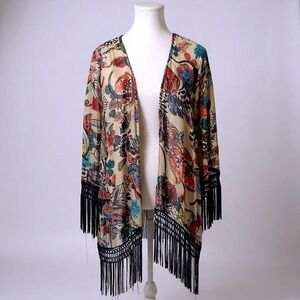 Sans Souci Kimono Floral Fringe‎ Open Front Beige Multicolor Size S